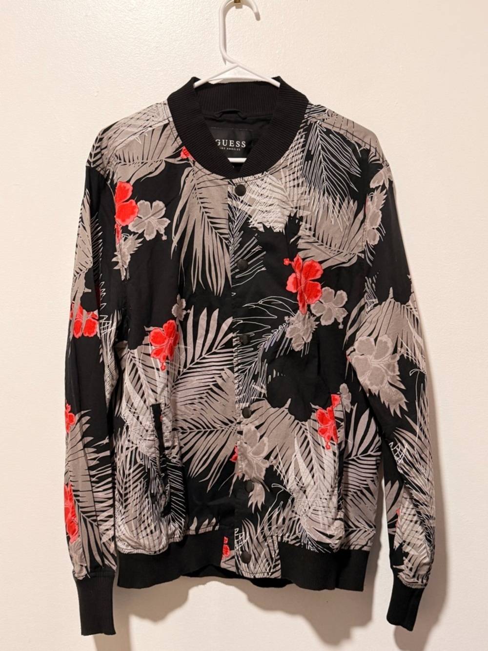 GUESS Black Bomber Jacket with Gray Leaf Print and Red Floral Accents